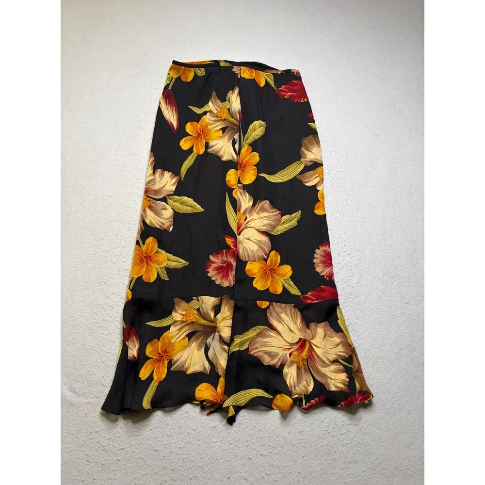 Drama Silk Maxi Skirt Women 8 Black Floral Vintage 90s Made in USA Mermaid Hem